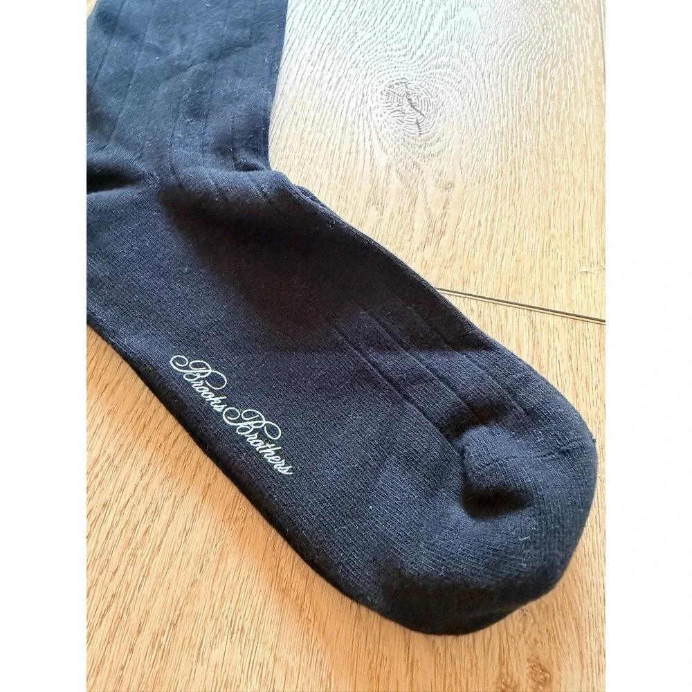 Brooks Brothers Mens Navy Blue Ribbed Mid Calf Dress Socks Script Logo USA Made